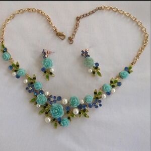 Floral Blue and Gold Necklace and Earring Set